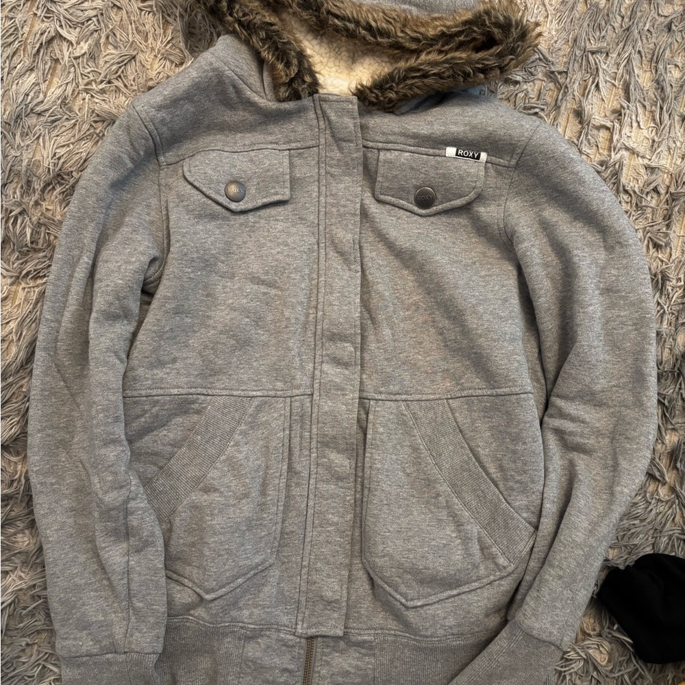 Roxy womens y2k Gray Hooded Jacket with Faux-Fur Trim
